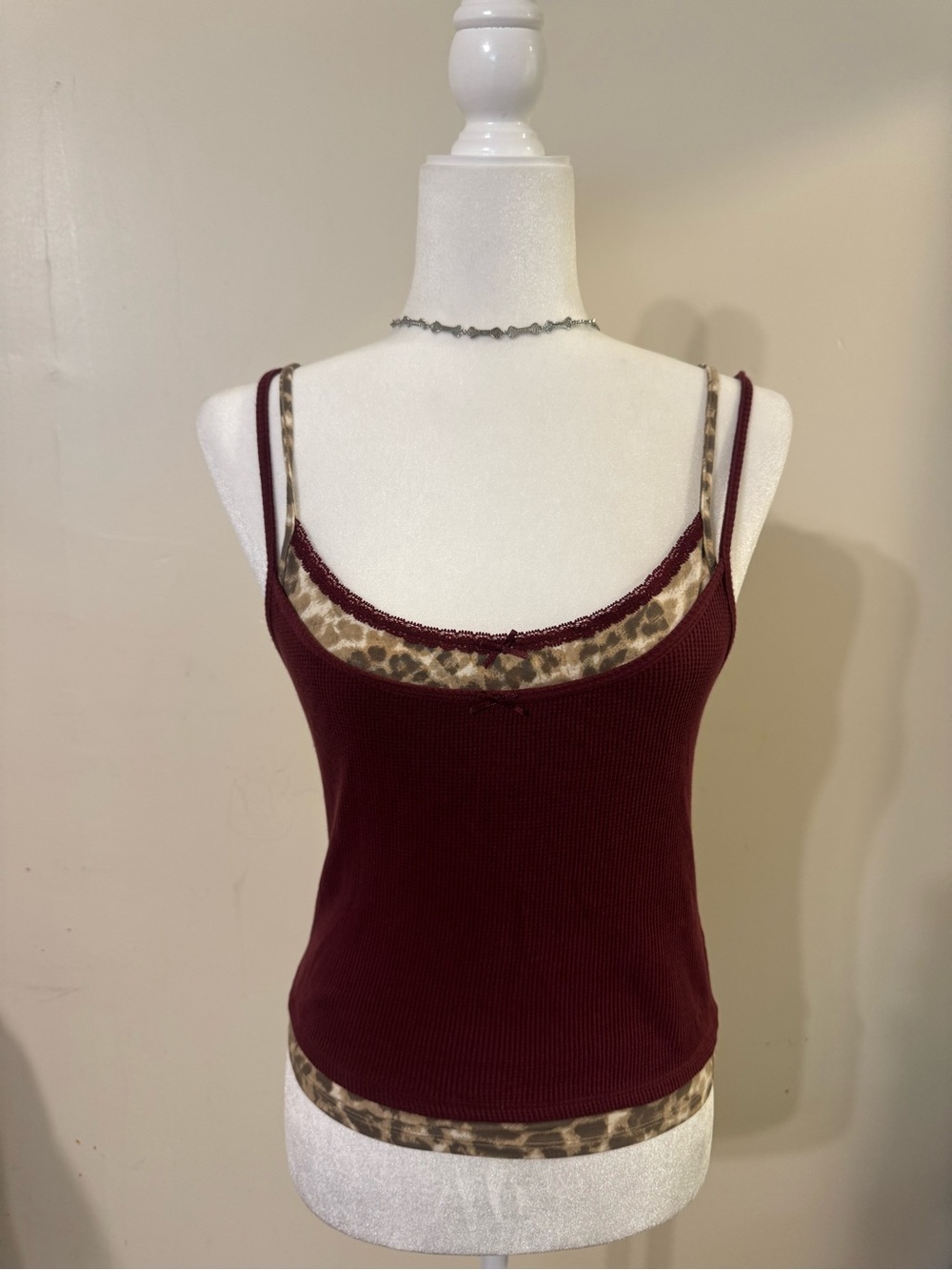 Urban Outfitters Burgundy Ribbed Cami with Leopard-Trim